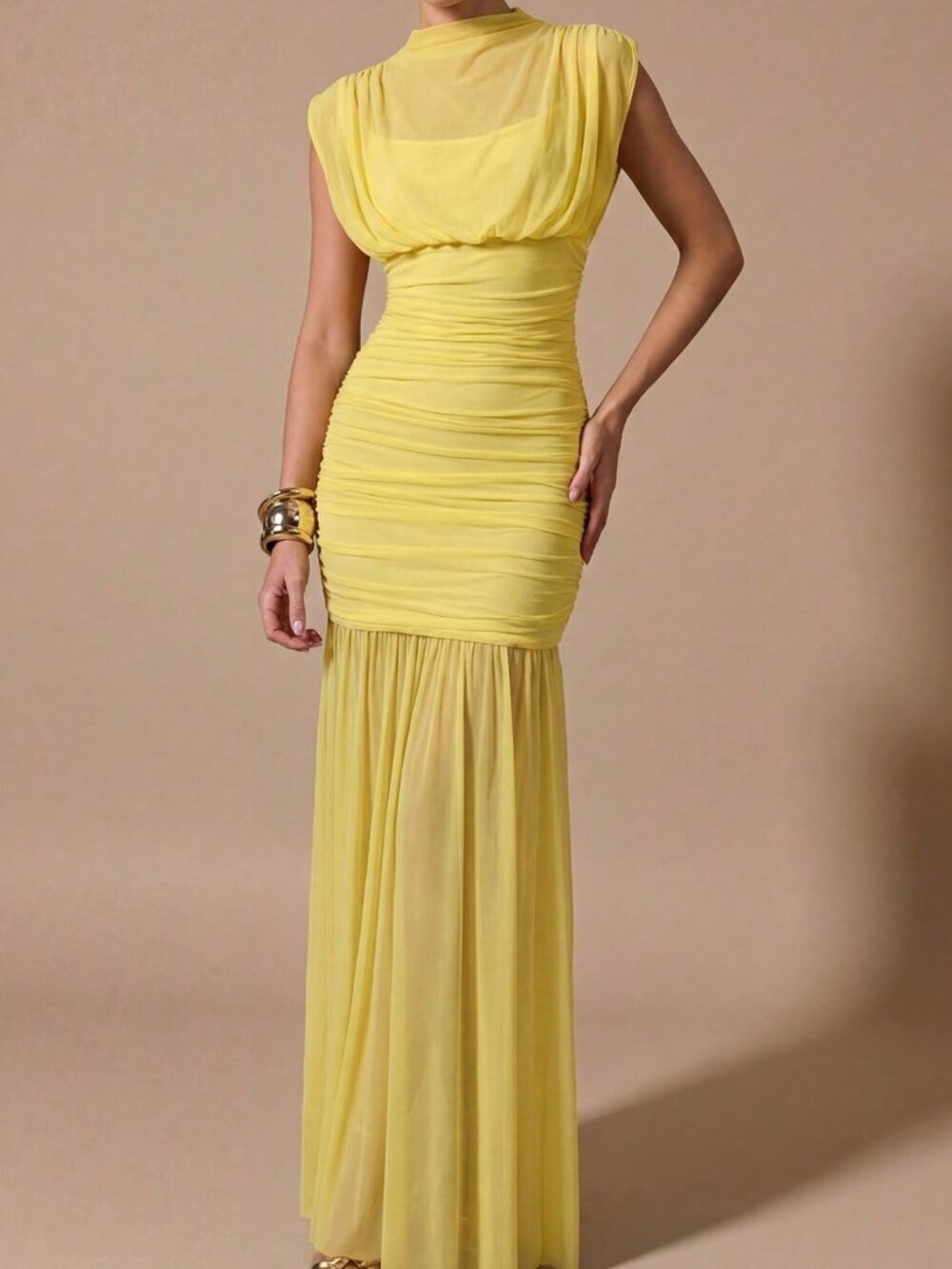Yellow Elegant Women's Wrap Shawl Sheer Ruched Mini Dress - Picture 5 of 6